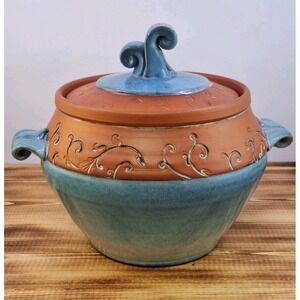 Wendy Summers Pottery Red Clay Bean Crock Pot Artisan Floral Blue Drip Glaze 5x6